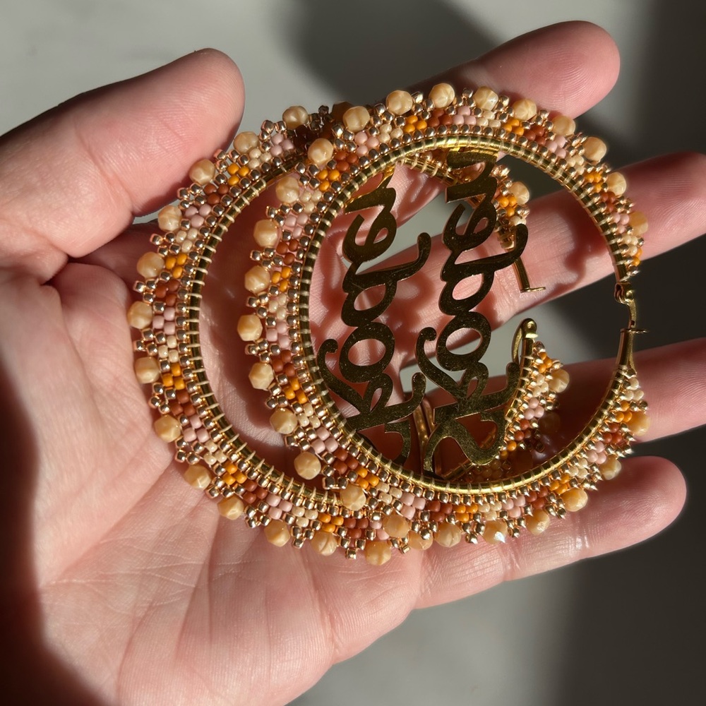 Beaded Indigenous Gold SKODEN Hoop Earrings - Picture 4 of 5